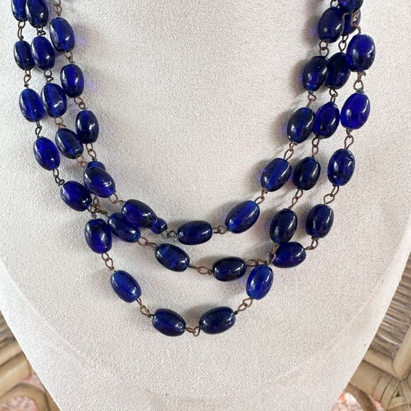Brilliant Deep Blue Ethnic Hand-Made Glass Beads Necklace Wired 41" Long - Picture 6 of 10
